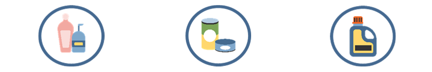 Icono de productos de cuidado personal, Icono de latas de comida y bebida, Icono de detergente de ropa