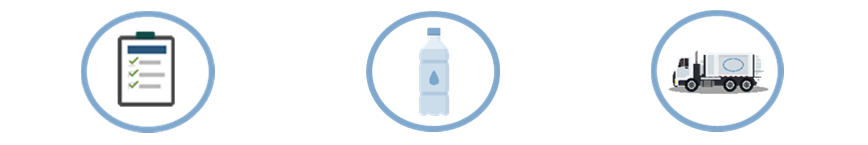 Icono de una lista en un portapapeles, Icono de una botella de plástico, Icono de un camión de basura