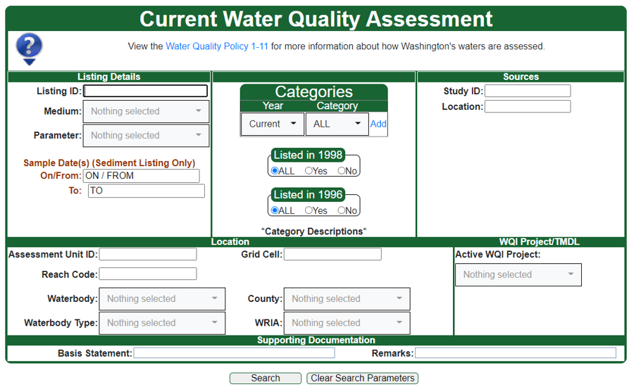 Water quality assessment search page