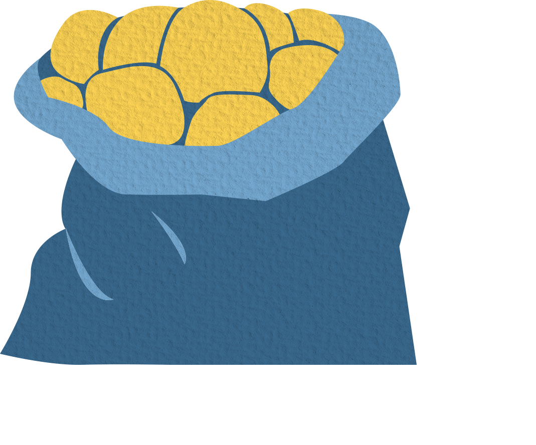 Illustration of golden potatoes in a blue sack