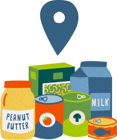 Illustration of food cans, boxes, and containers awaiting donation.