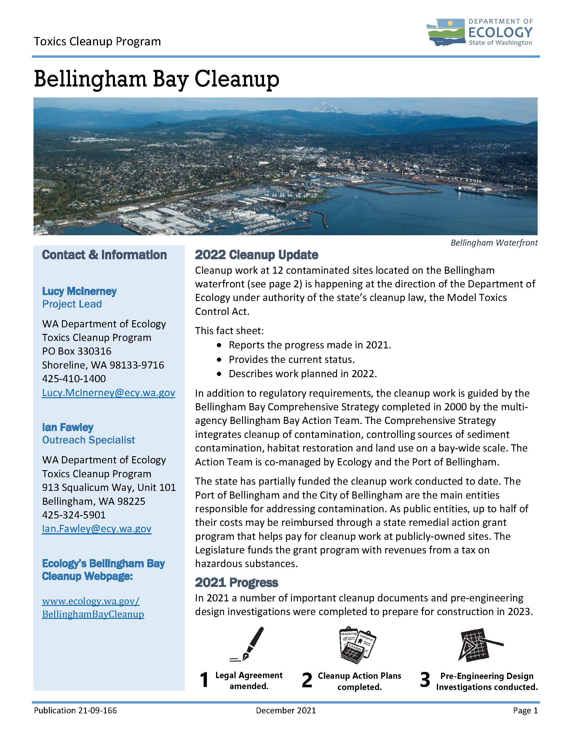 Fact sheet page with text and Bellingham Bay aerial image