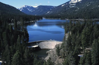 Evergreen trees flank a concrete dam that holds back blue water with snowy mountains in the background
