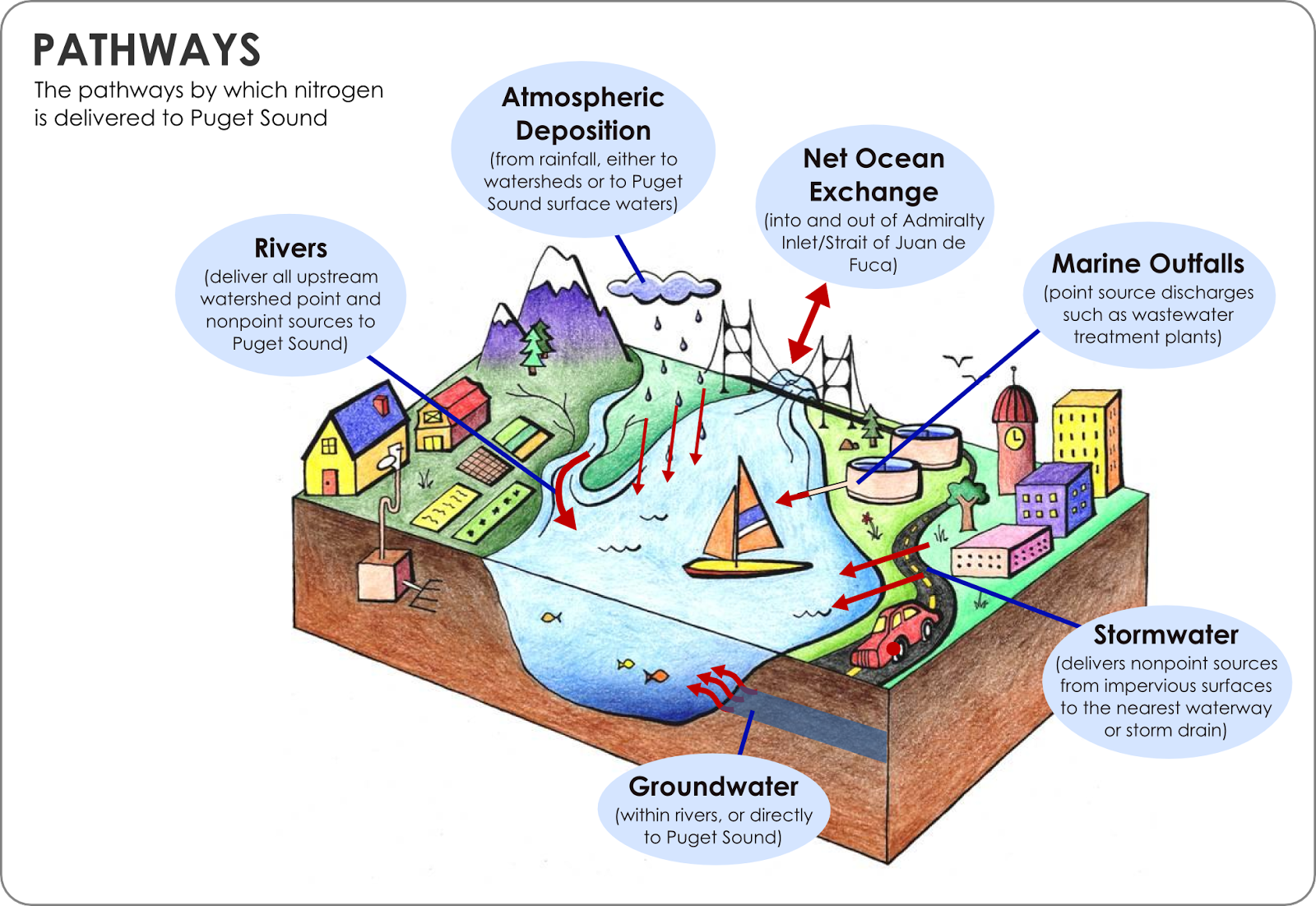 Pathways to the Sound: Rivers, Atmospheric deposition, net ocean exchange, marine outfalls, stormwater, and groundwater. 