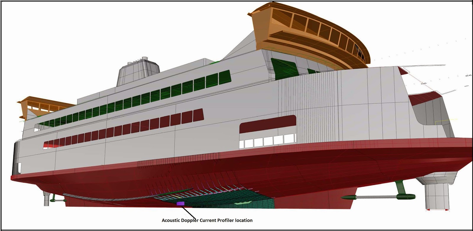 Diagram of Washington State Ferry with an indicator arrow pointing at the bottom of the boat. 
