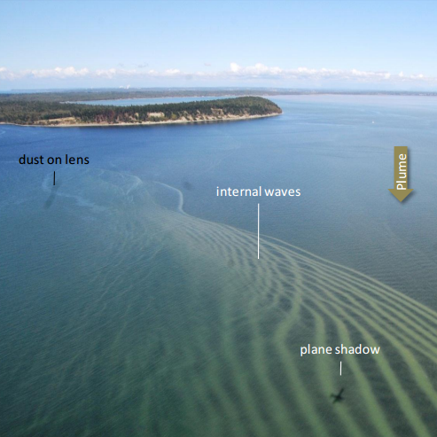 Calm water from above with whitish stripes. Labels indicate “plume,” “internal waves,” “plane shadow,” and “dust on lens.”  