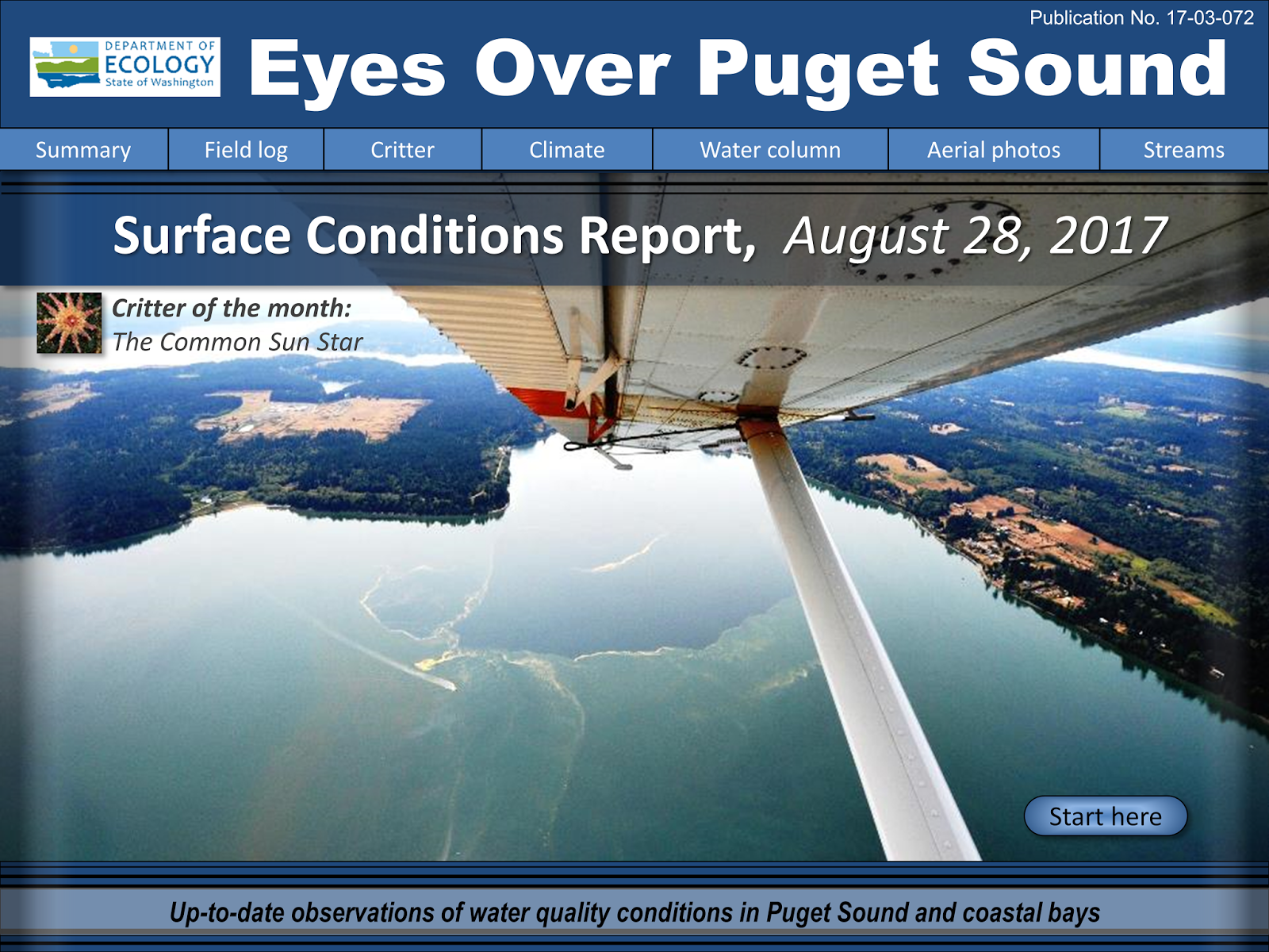 Front cover of Eyes Over Puget Sound's Surface Conditions Report shows part of an airplane wing flying over the sound.