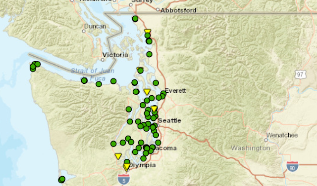 State of Washington map with green dots and yellow triangles along marine water