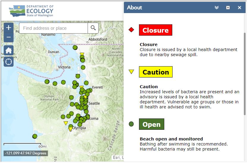 Ecology's safe swimming map. Green circle means open. Yellow triangle means there's an advisory. Red diamond means closed. 