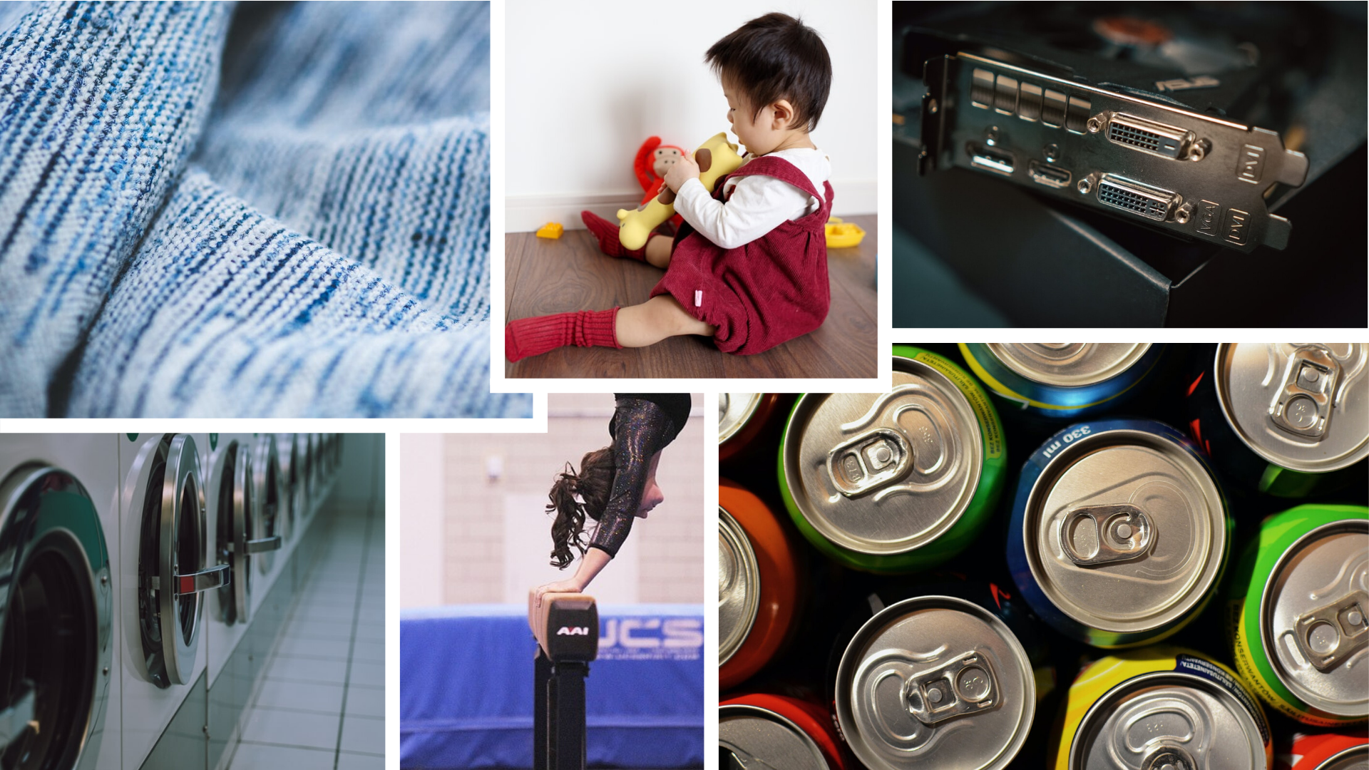 Composite image of fabric, child playing with toy, stereo parts, soda cans, gymnastics beam, and commercial laundromat