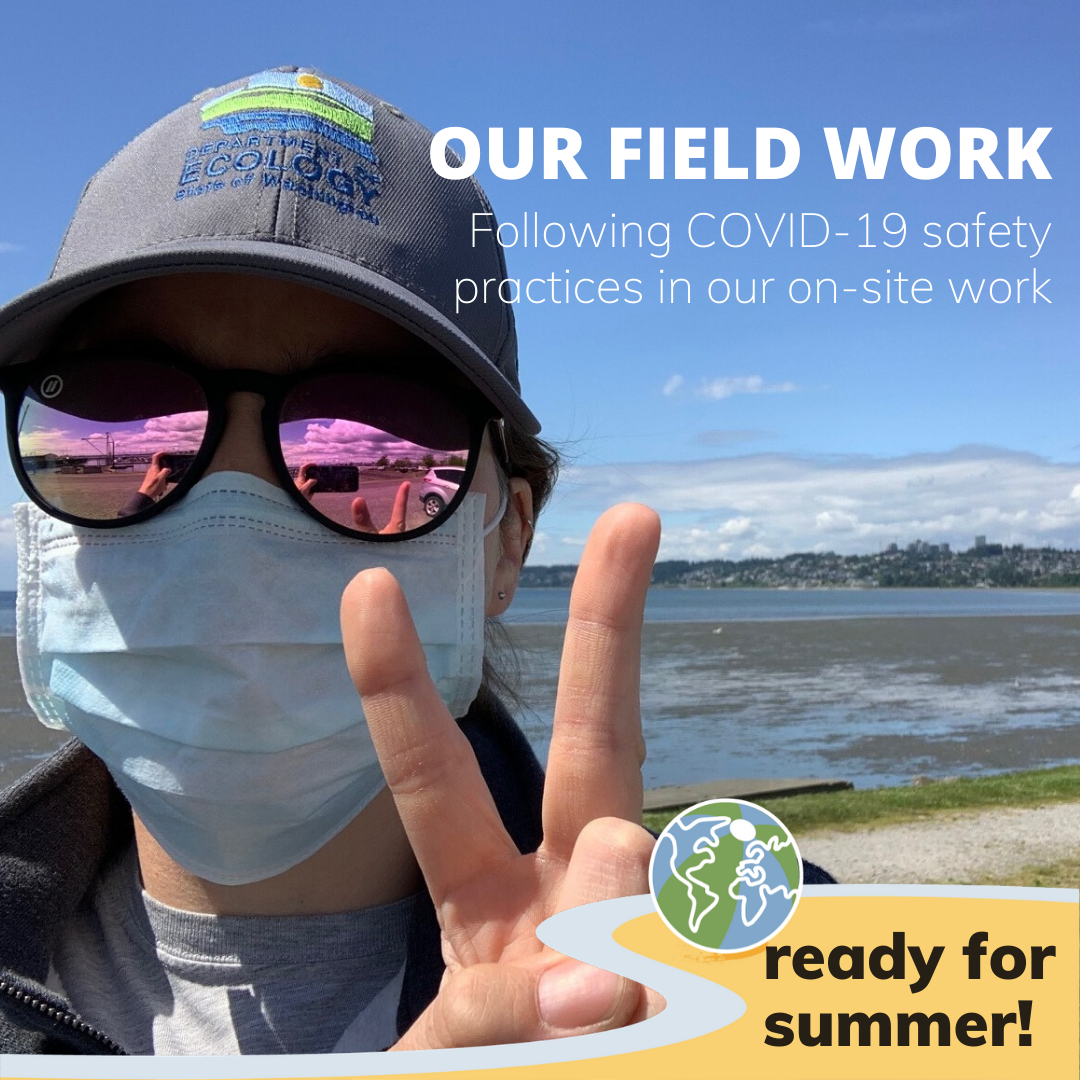 Masked worker gives a V hand sign. Titles read, our field work, following COVID 19 safety practices in our field work
