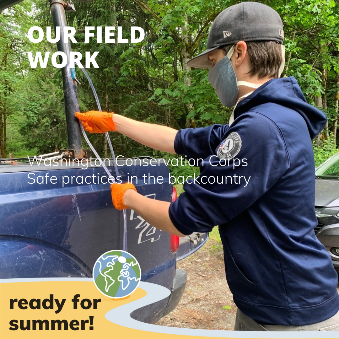 Worker adusts plastic tubes on back of pickup. Titles: Our field work, Washington Conservation Corps, safe practices in the backcountry.