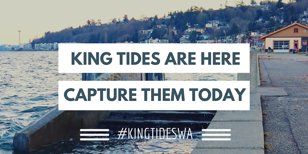 KING TIDES ARE HERE CAPTURE THEM TODAY #KINGTIDESWA text over photo of water coming up high on cement steps at Alki Beach with waterfront bu