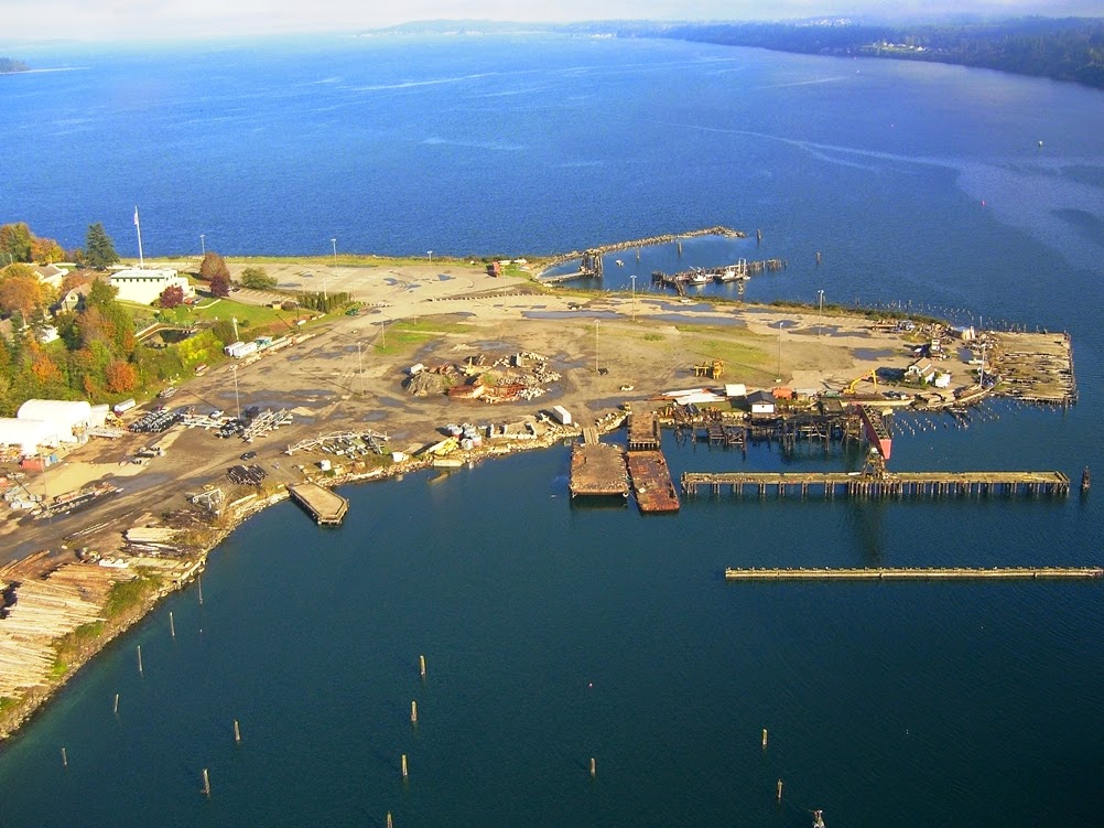 Color aerial image of former mill site peninsula surrounded by water.