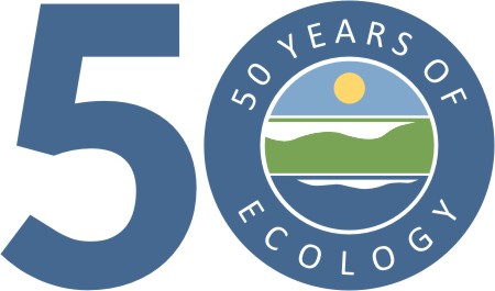 Blue numerals 5 and zero with words 50 years of Ecology