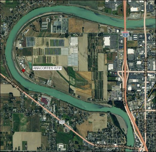 Aerial photo map shows a spot marked along a 180 degree river bend.