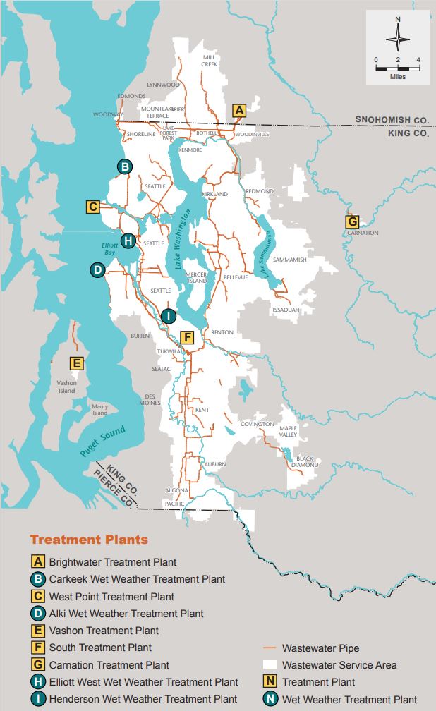 Map of King County's 9 treatment plants in the greater Seattle area