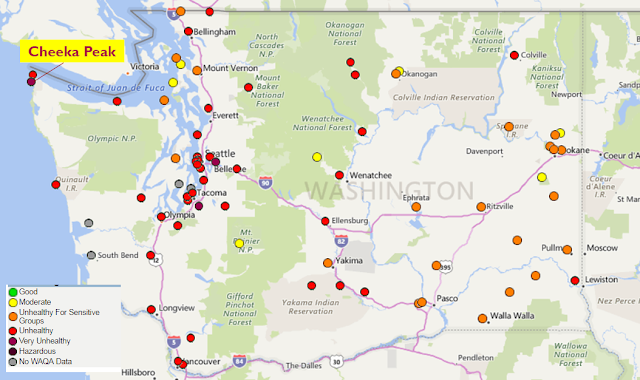 Map of Washington State, showing air quality dots around state. Lots of red 