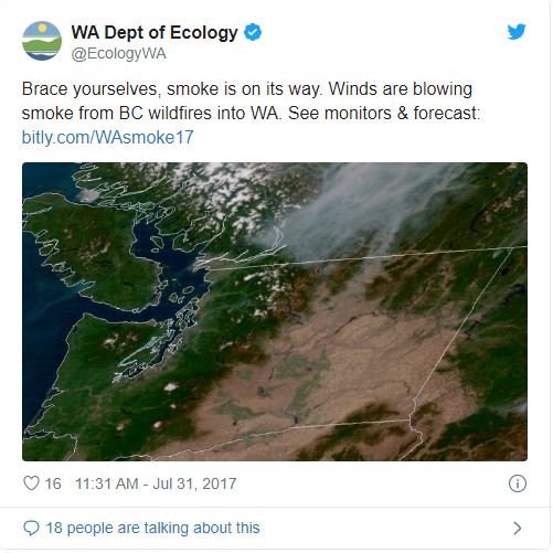 Tweet screenshot, reading: Brace yourselves, smoke is on its way. Winds are blowing smoke from BC wildfires into WA. See monitors & Forecast