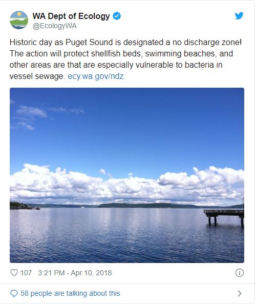 A tweet from @EcologyWA talking about how Puget Sound is now designated a no discharge zone.