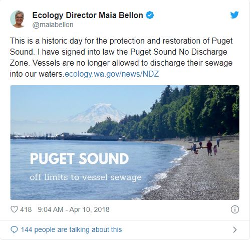 A tweet from Maia Bellon talking about how vessels are no longer allowed to discharge their sewage into our waters.