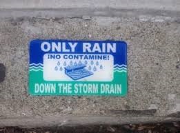 Bilingual: Only rain down the storm drain sign and !No Contamine!