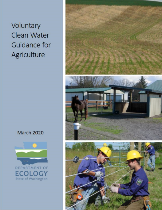 Cover page of Guidance report. A recent tilled field, a fenced in horse, and Ecology workers installing fence. 