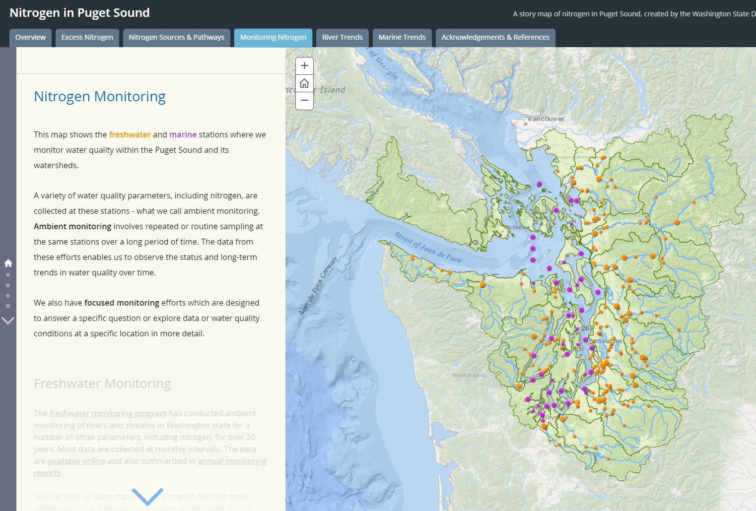 Screenshot of the Nitrogen in Puget Sound storymap, with text and map of Puget Sound