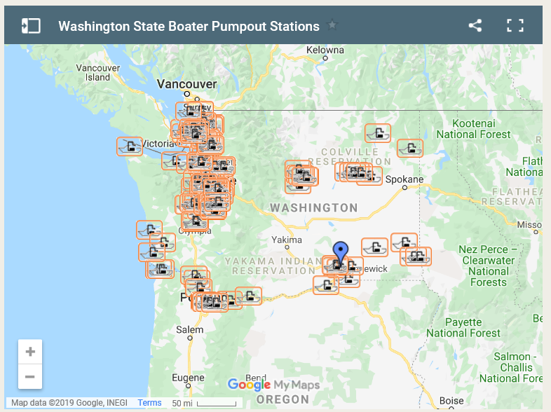 a map of washington with the pumpout stations marked with an icon