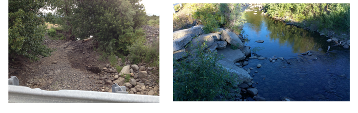 Left photo shows dry shoreline with trees and shrubbery, right photo is stream with greenery on either side.
