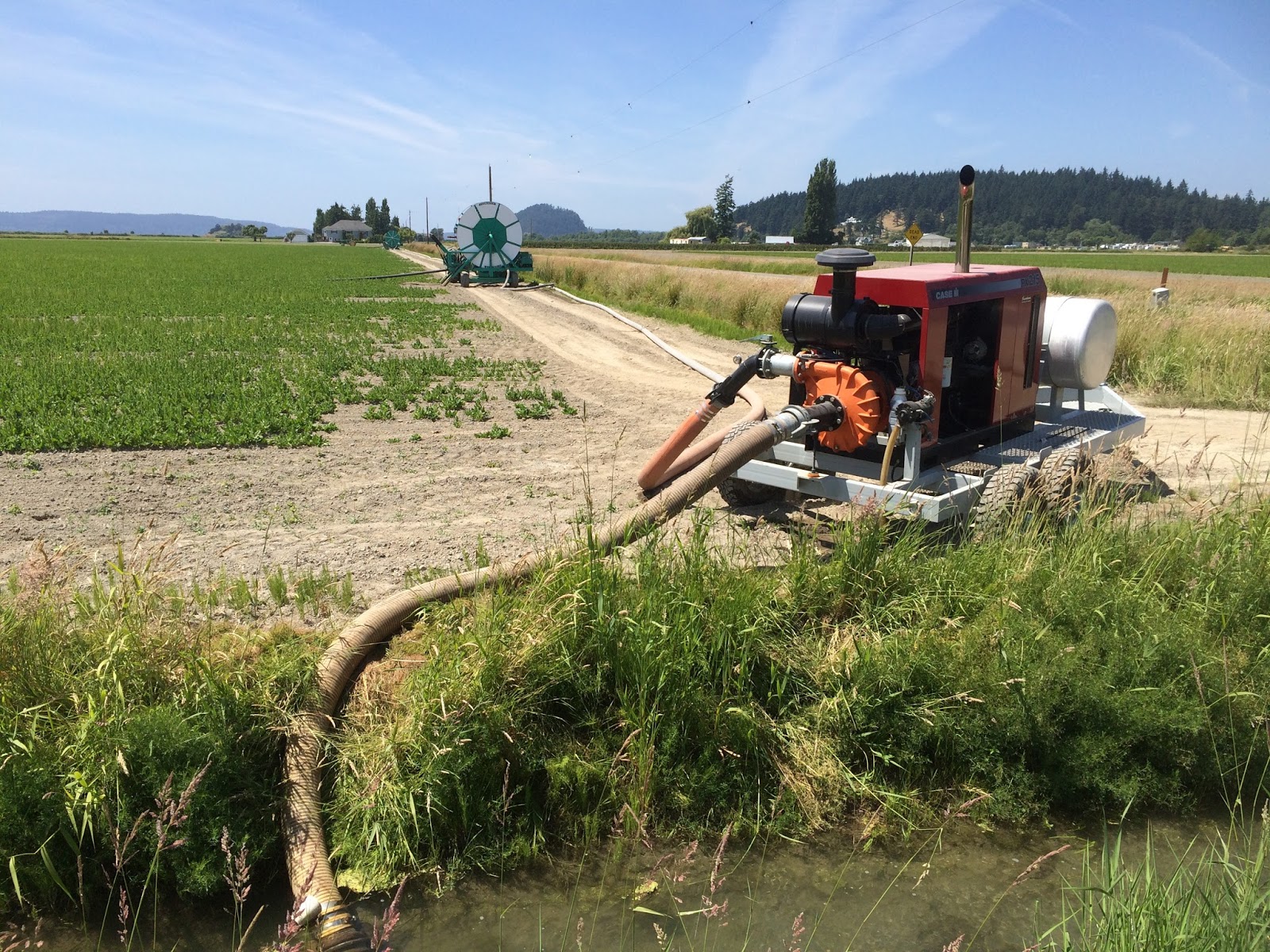 Irrigation ditch in bottom of photo, hose stretches to various machines along a large crop field.