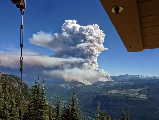 A photo showing a massive wildfire smoke plume going into the air above the mountains/forests of Washington.