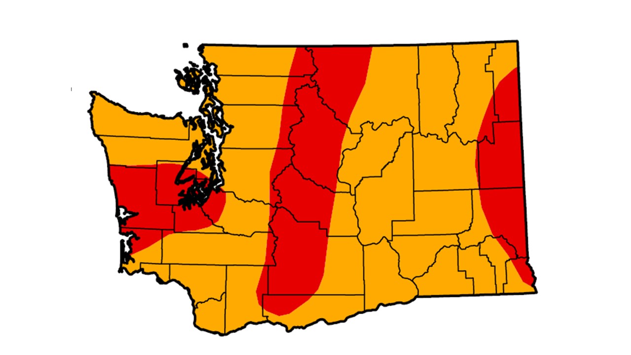 Graphic of Washington state showing drought conditions. The state is largely colored orange and red.