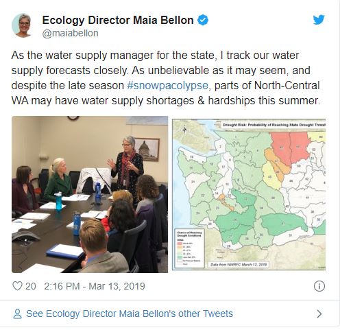March 13, 2019 Tweet from Maia Bellon talking about water supply in Washington. Click image for full tweet.