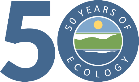 logo of numeral 50, Ecology logo on the inside of 0, text on 0 reads 50 years of Ecology