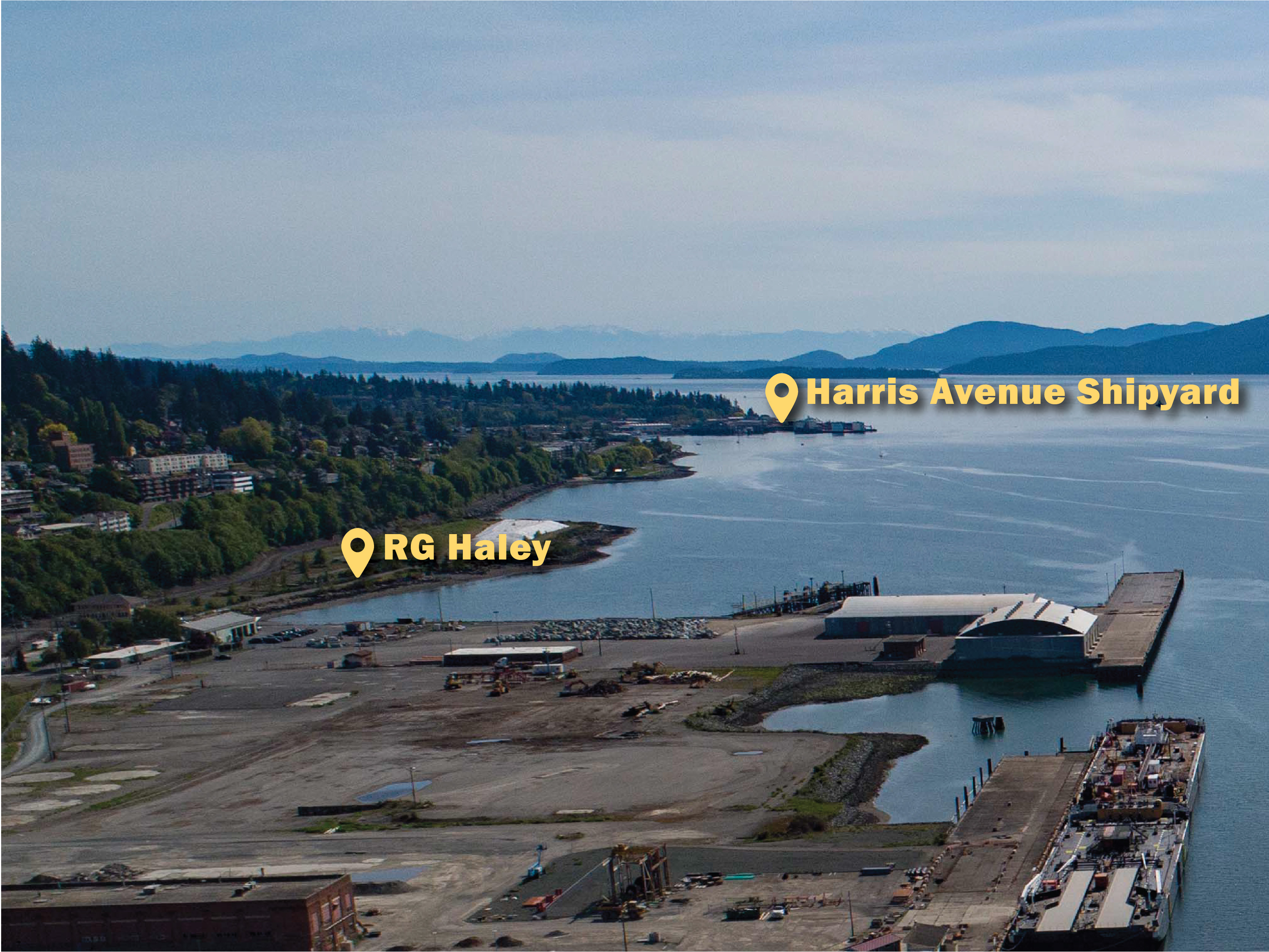 Bellingham waterfront from drone with RG Haley and Harris Ave Shipyard labeld