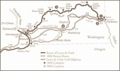 Lewis and Clark map showing their original route in in the northwest.