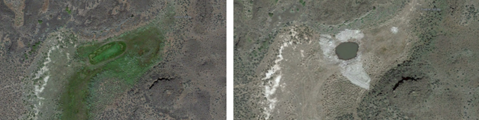 Aerial photos of a green wetlands surrounded by brown earth and an aerial photo of water surrounded by white and brown earth.