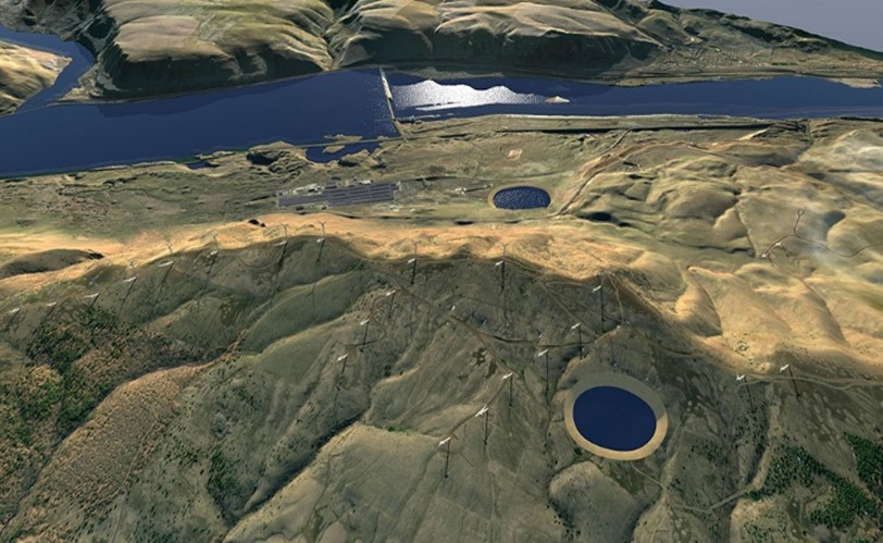 A dark blue river runs left to right between green and brown hills. Two circular reservoirs filled with water sit at the top and bottom of a hill.