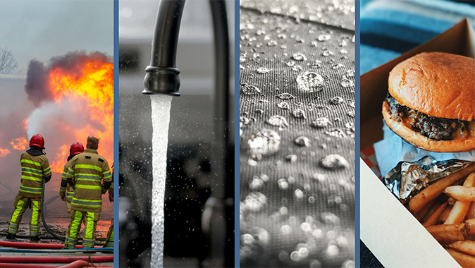 Composite image of firefighters, tap water, beaded water, and fast food.