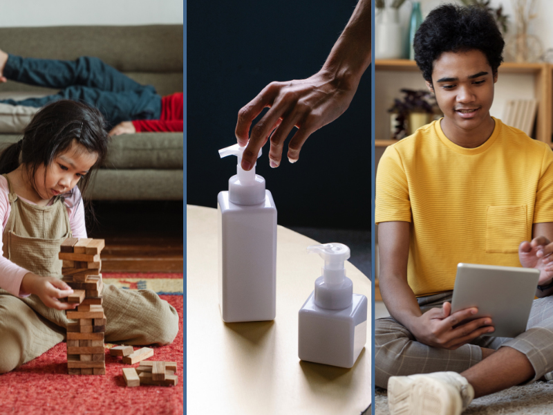 Composite image of a girl playing on the floor, a hand pumping lotion, and a man using a mobile device.
