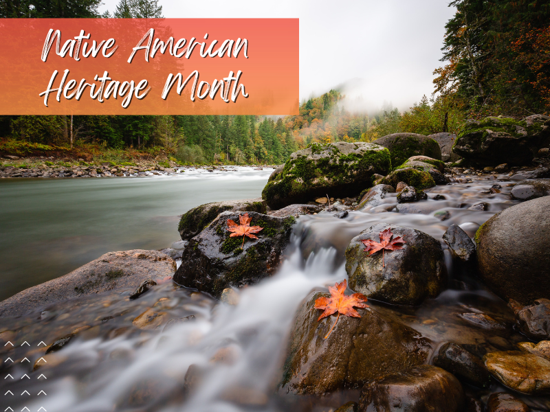Swift moving river with autumn leaves on boulders. Native American Heritage Month.