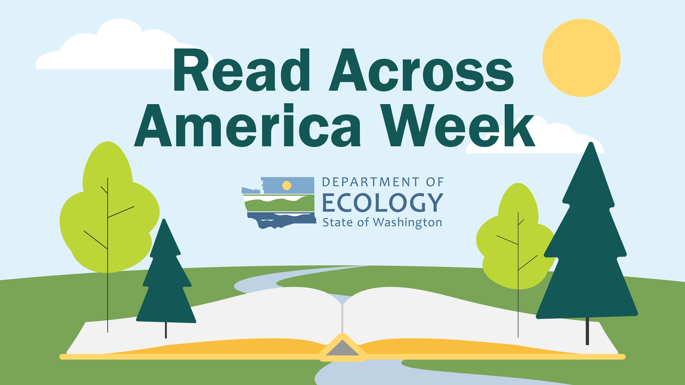 Cartoon image of a large open book in a park-like setting with the text "Read Across America"