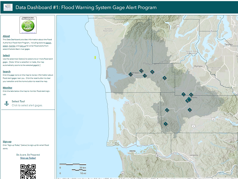 A screen capture of the Flood Warning System Gage Alert data dashboard