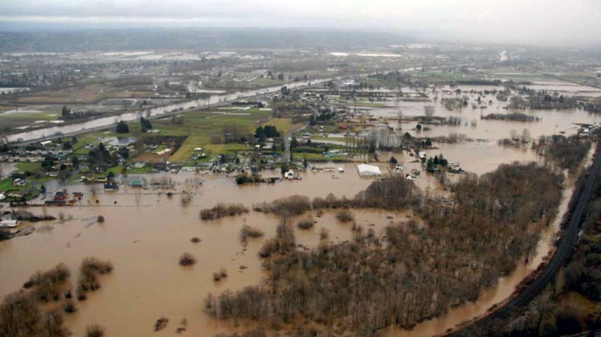 Aerial view of flooding over Puyallup, Washington