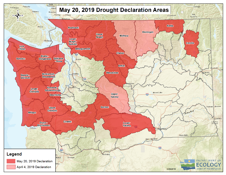 Map of the 27 watersheds that have been declared in drought in Washington.