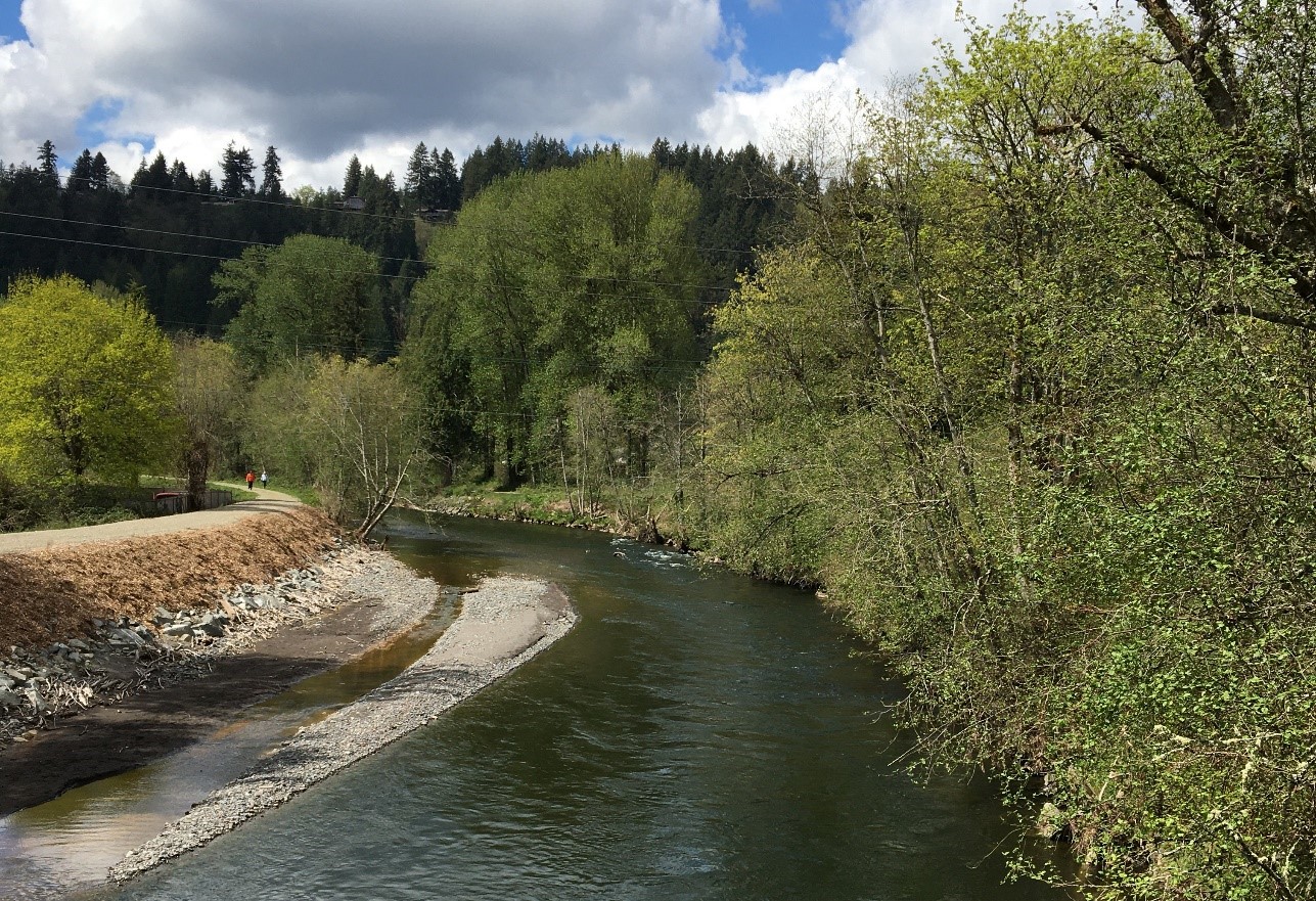 The Puyallup river flows in the center bordered by a walking trail on the left and trees on the right. A small portion of the river bed is exposed. Two people are walking on the trail in the distance.