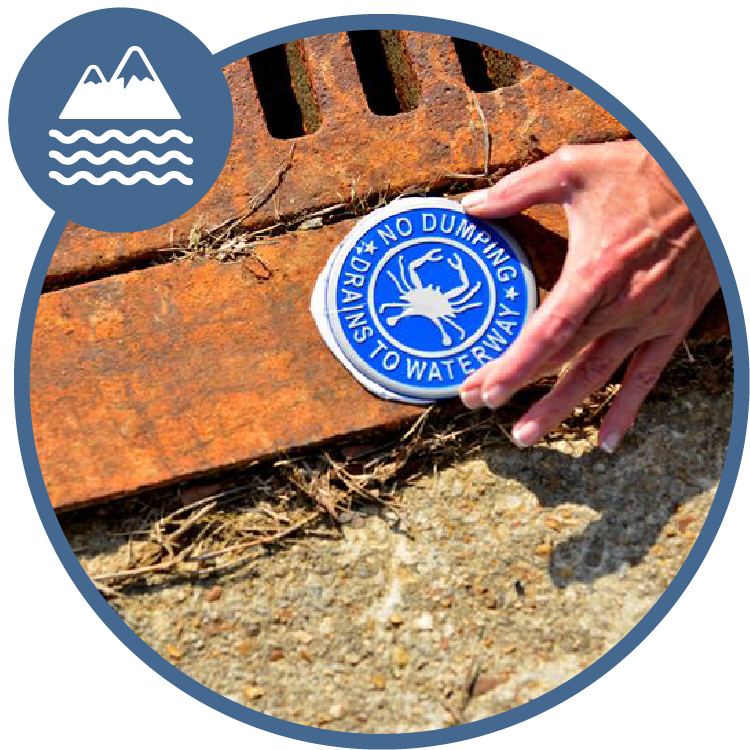 Hand placing a sign on a storm drain that reads No Dumping Drains to Waterway