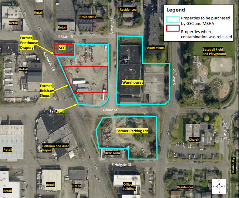 Map and aerial photo showing the location of the proposed Grand Street Commons development and identifying properties with sources of contamination affecting the project.