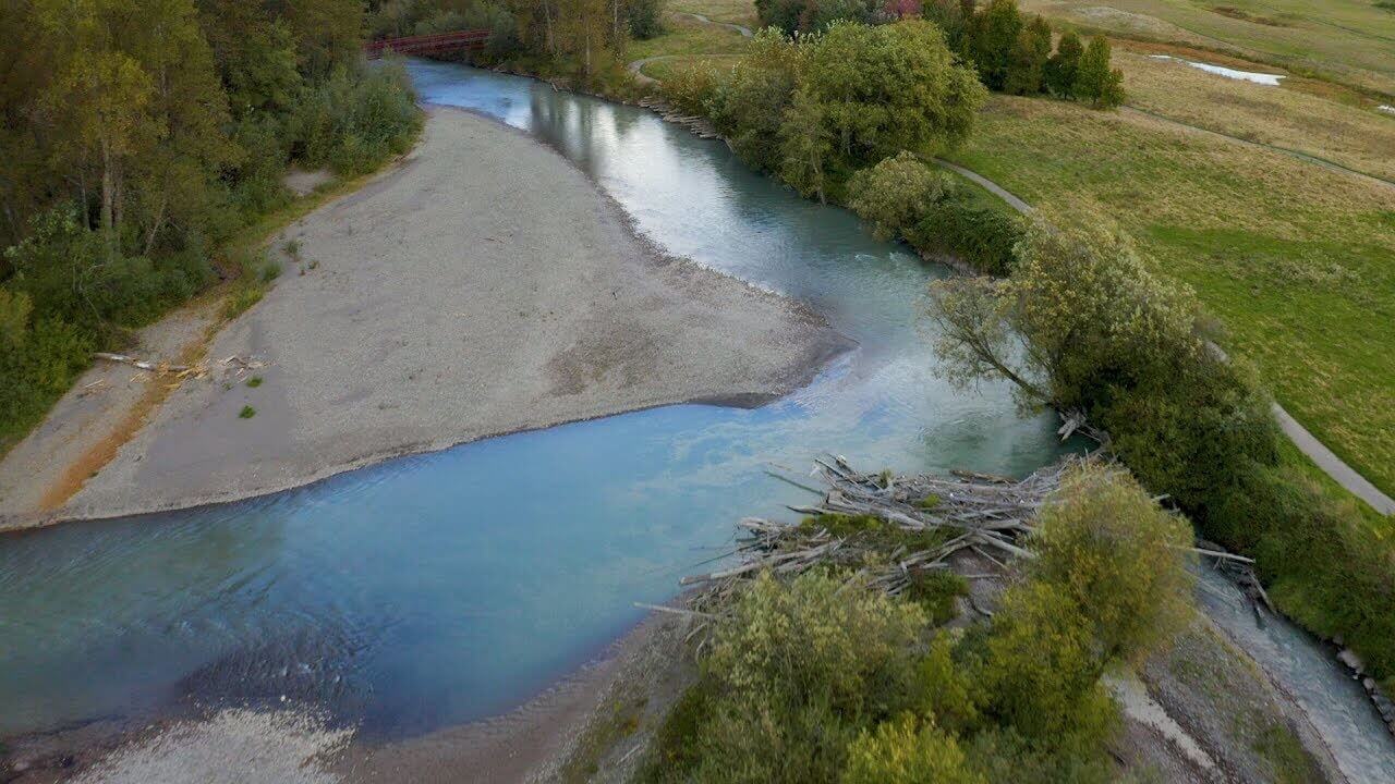 A picture taken from a drone of a section of the Lower White River.